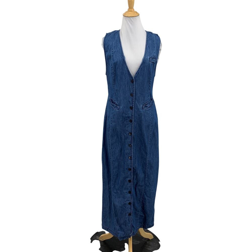 Free People Dress Womens M Medium Blue Soft Denim Sleeveless Button Up Pockets